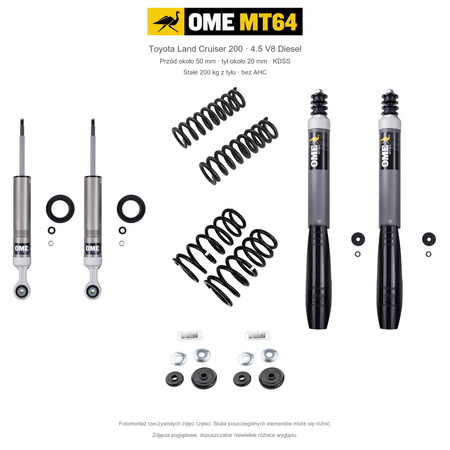 Zestaw OME MT64 – Toyota Land Cruiser 200 2007–2021 4.5 Diesel, przód 50/tył 20 mm, KDSS, stałe 200 kg z tyłu; przód standardowe; tył mocniejsze