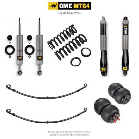 Zawieszenie OME MT64 Toyota Hilux Travo MY26 40/50 mm – średnie obciążenie tyłu, przód bez osprzętu lub ze zderzakiem, paraboliczne + poduszki – bez dystansu przewodów hamulcowych