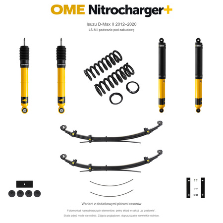 Zestaw zawieszenia OME Nitrocharger+ – Isuzu D-Max II 2012–2020, 30 mm, stałe 300 kg z tyłu, mocniejsze tłumienie przodu, mocniejsze tłumienie tyłu, LS-M i podwozie pod zabudowę, dodatkowe pióra