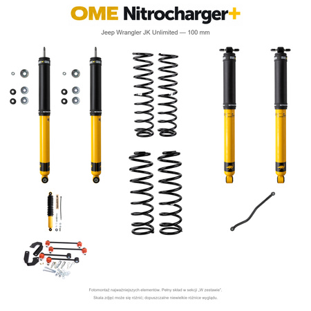 Zestaw zawieszenia OME Nitrocharger+ – Jeep Wrangler JK Unlimited V6 benzynowy 2006–2017 RHD, 100 mm, średnie obciążenie tyłu, dłuższe amortyzatory przodu, terenowy