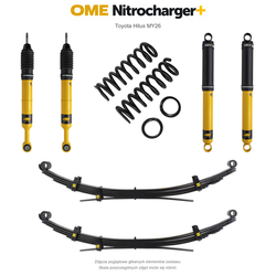 Zawieszenie OME Nitrocharger+ Toyota Hilux Travo MY26 40/50 mm – stałe 300 kg z tyłu, stalowy zderzak, także z wyciągarką, wielopiórowe – bez dystansu przewodów hamulcowych