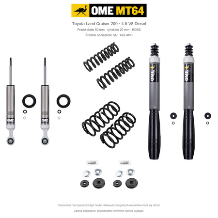 Zestaw OME MT64 – Toyota Land Cruiser 200 2007–2021 4.5 Diesel, przód 50/tył 20 mm, KDSS, średnie obciążenie tyłu; przód standardowe; tył mocniejsze