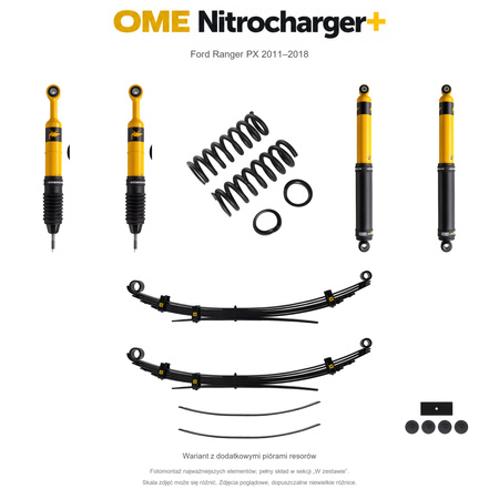 Zestaw zawieszenia OME Nitrocharger+ – Ford Ranger PX 2011–2018, przód 50 mm, tył z dodatkowymi piórami, stałe 300 kg z tyłu, mocniejsze tłumienie przodu, standardowe tłumienie tyłu