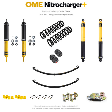 Zestaw zawieszenia OME Nitrocharger+ – Toyota LC78 Troop Carrier Diesel od 08.2016, 40/45 mm, stałe 1000 kg tyłu, lekki przód, resory paraboliczne, smarowalne wieszaki i sworznie