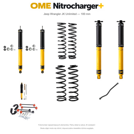 Zestaw zawieszenia OME Nitrocharger+ – Jeep Wrangler JK Unlimited V6 benzynowy 2006–2017 RHD, 100 mm, średnie obciążenie tyłu, terenowy
