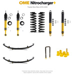 Zestaw zawieszenia OME Nitrocharger+ – Hilux Revo 2016–2025, 40/40 mm, duże dodatkowe obciążenie przodu, stałe 300 kg z tyłu, wielopiórowe, mocniejsze tłumienie przodu – bez dystansu przewodów hamulcowych