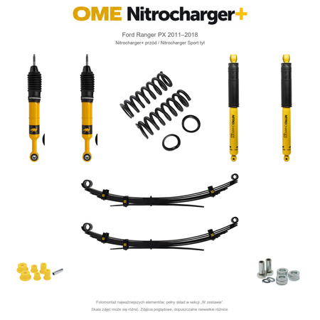Zestaw zawieszenia OME Nitrocharger+ przód / Sport tył – Ford Ranger PX 2011–2018, 50/40 mm, stałe 300 kg z tyłu, standardowe tłumienie przodu, charakterystyka Sport z tyłu