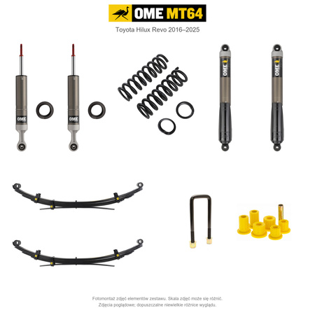 Zestaw zawieszenia OME MT64 – Hilux Revo 2016–2025, 40/40 mm, dodatkowe obciążenie przodu, stałe 300 kg z tyłu, wielopiórowe