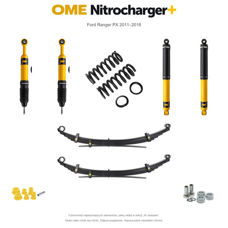 Zestaw zawieszenia OME Nitrocharger+ – Ford Ranger PX 2011–2018, 50/40 mm, stałe 600 kg z tyłu, mocniejsze tłumienie przodu, standardowe tłumienie tyłu