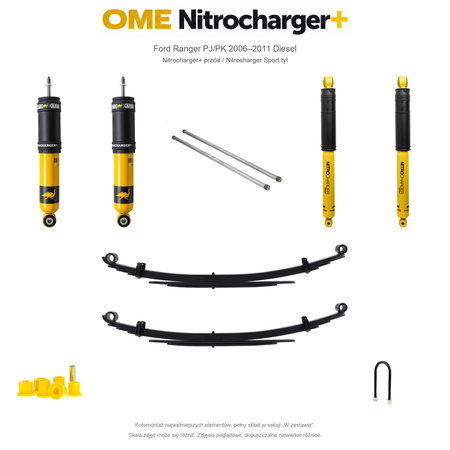 Zestaw zawieszenia OME Nitrocharger+ przód / Sport tył – Ford Ranger PJ/PK 2006–2011 Diesel, tył 20 mm, przód ponad 60 kg, drążki 1024 mm, stałe 400 kg z tyłu, Nitrocharger Sport z tyłu