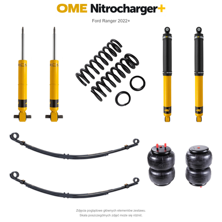 Zestaw zawieszenia OME Nitrocharger+ – Ford Ranger 2022+, lift 40 mm, stałe 300 kg z tyłu, resory paraboliczne z poduszkami, alternatywne amortyzatory przednie, mocniejsze tłumienie tyłu