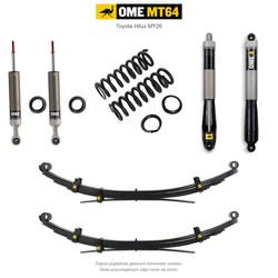 Zawieszenie OME MT64 Toyota Hilux Travo MY26 40/50 mm – stałe 300 kg z tyłu, przód bez osprzętu lub ze zderzakiem, wielopiórowe / mocniejsze tłumienie przodu / mocniejsze tłumienie tyłu – bez dystansu przewodów hamulcowych