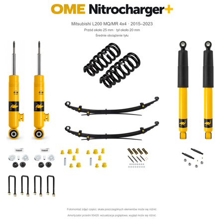 Zestaw OME Nitrocharger+ – Mitsubishi L200 MQ/MR 2015–2023, przód 25/tył 20 mm, zderzak, wyciągarka i dodatkowe akcesoria, średnie obciążenie tyłu