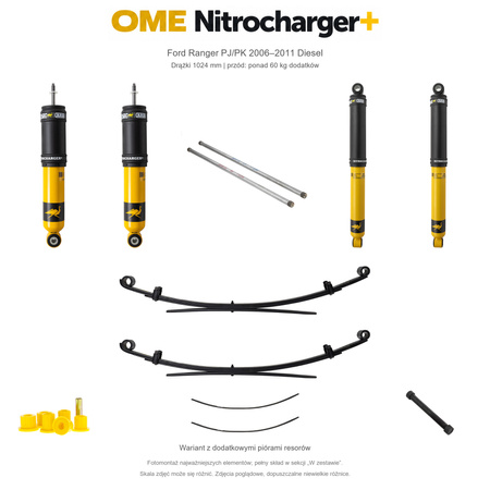 Zestaw zawieszenia OME Nitrocharger+ – Ford Ranger PJ/PK 2006–2011 Diesel, tył 20 mm, przód ponad 60 kg, drążki 1024 mm, średnie obciążenie tyłu, standardowe tłumienie tyłu, dodatkowe pióra