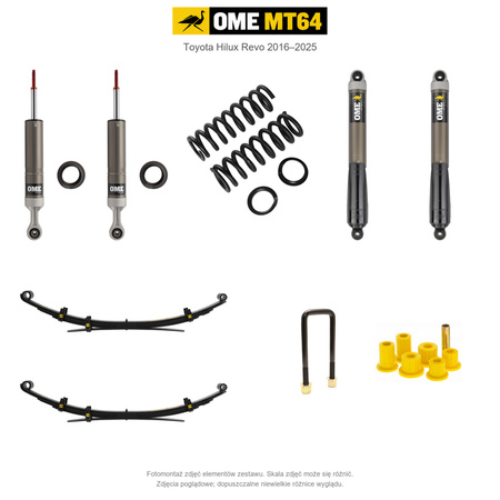 Zestaw zawieszenia OME MT64 – Hilux Revo 2016–2025, 20–40/40 mm, różne obciążenia przodu, średnie obciążenie tyłu, wielopiórowe – bez dystansu przewodów hamulcowych