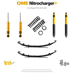 Zestaw zawieszenia OME Nitrocharger+ – Ford Ranger PX III 2019–2022, 45/40 mm, średnie obciążenie tyłu, standardowe tłumienie przodu, mocniejsze tłumienie tyłu