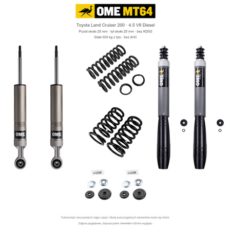 Zestaw OME MT64 – Toyota Land Cruiser 200 2007–2021 4.5 Diesel, przód 25/tył 20 mm, bez KDSS, stałe 600 kg z tyłu; przód mocniejsze; tył mocniejsze