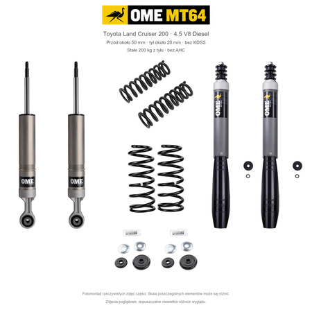 Zestaw OME MT64 – Toyota Land Cruiser 200 2007–2021 4.5 Diesel, przód 50/tył 20 mm, bez KDSS, stałe 200 kg z tyłu; przód mocniejsze; tył mocniejsze