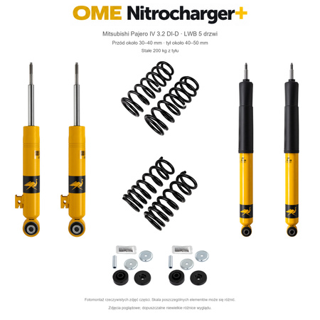 Zestaw OME Nitrocharger+ – Mitsubishi Pajero IV LWB 3.2 DI-D, przód 30–40/tył 40–50 mm, ciężkie wyposażenie przodu, stałe 200 kg z tyłu