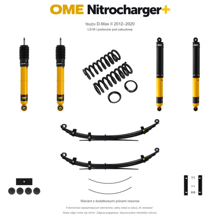 Zestaw zawieszenia OME Nitrocharger+ – Isuzu D-Max II 2012–2020, 30 mm, stałe 600 kg z tyłu, standardowe tłumienie przodu, mocniejsze tłumienie tyłu, LS-M i podwozie pod zabudowę, dodatkowe pióra