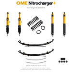 Zestaw zawieszenia OME Nitrocharger+ – Ford Ranger PX 2011–2018, przód 50 mm, tył z dodatkowymi piórami, stałe 300 kg z tyłu, mocniejsze tłumienie przodu, standardowe tłumienie tyłu