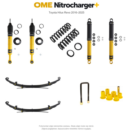 Zestaw zawieszenia OME Nitrocharger+ – Hilux Revo 2016–2025, 40/40 mm, dodatkowe obciążenie przodu, stałe 300 kg z tyłu, wielopiórowe, mocniejsze tłumienie przodu