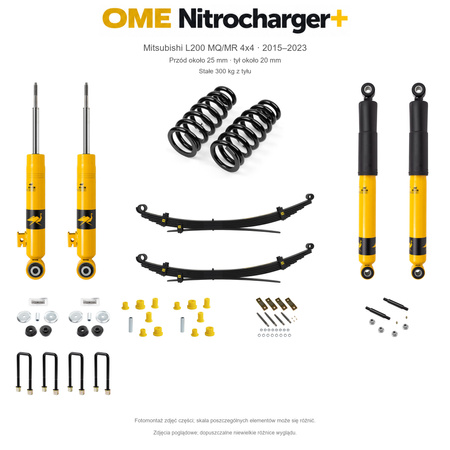 Zestaw OME Nitrocharger+ – Mitsubishi L200 MQ/MR 2015–2023, przód 25/tył 20 mm, stalowy zderzak z wyciągarką, stałe 300 kg z tyłu; mocniejsze tłumienie tyłu