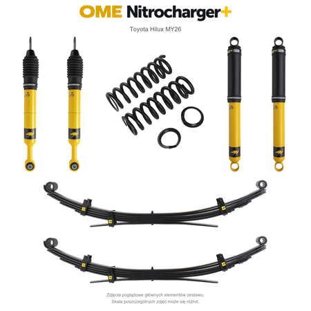 Zawieszenie OME Nitrocharger+ Toyota Hilux Travo MY26 20–40/50 mm – stałe 300 kg z tyłu, wielopiórowe / mocniejsze tłumienie przodu / mocniejsze tłumienie tyłu