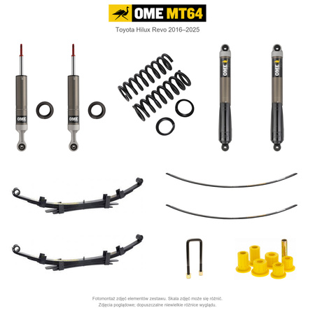 Zestaw zawieszenia OME MT64 – Hilux Revo 2016–2025, 20–40/40 mm, różne obciążenia przodu, około 800 kg stałego obciążenia tyłu, z dodatkowym piórem – bez dystansu przewodów hamulcowych