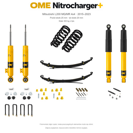 Zestaw OME Nitrocharger+ – Mitsubishi L200 MQ/MR 2015–2023, przód 25/tył 20 mm, stalowy zderzak, stałe 300 kg z tyłu; łagodniejsze tłumienie tyłu