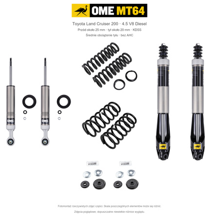 Zestaw OME MT64 – Toyota Land Cruiser 200 2007–2021 4.5 Diesel, przód 25/tył 20 mm, KDSS, średnie obciążenie tyłu; przód standardowe; tył standardowe
