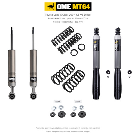 Zestaw OME MT64 – Toyota Land Cruiser 200 2007–2021 4.5 Diesel, przód 25/tył 20 mm, KDSS, średnie obciążenie tyłu; przód mocniejsze; tył mocniejsze