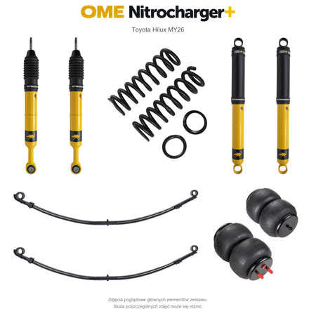 Zawieszenie OME Nitrocharger+ Toyota Hilux Travo MY26 40/50 mm – średnie obciążenie tyłu, stalowy zderzak, także z wyciągarką, paraboliczne + poduszki