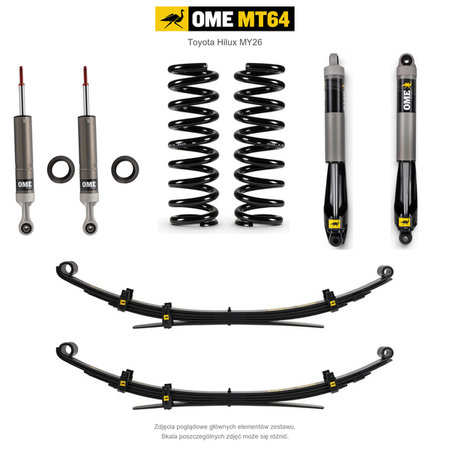 Zawieszenie OME MT64 Toyota Hilux Travo MY26 40/50 mm – średnie obciążenie tyłu, zderzak, wyciągarka i dodatkowy osprzęt, wielopiórowe / mocniejsze tłumienie przodu – bez dystansu przewodów hamulcowych