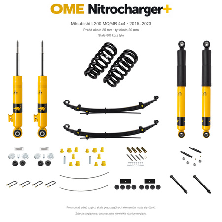 Zestaw OME Nitrocharger+ – Mitsubishi L200 MQ/MR 2015–2023, przód 25/tył 20 mm, stalowy zderzak, stałe 800 kg z tyłu