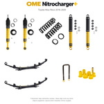 Zestaw zawieszenia OME Nitrocharger+ – Hilux Revo 2016–2025, 40/40 mm, dodatkowe obciążenie przodu, stałe 600 kg z tyłu, wielopiórowe, mocniejsze tłumienie przodu – bez dystansu przewodów hamulcowych