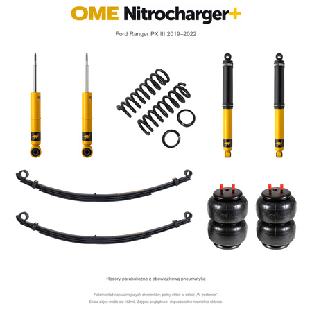 Zestaw zawieszenia OME Nitrocharger+ – Ford Ranger PX III 2019–2022, 45/40 mm, stałe 600 kg z tyłu, mocniejsze tłumienie przodu, standardowe tłumienie tyłu, resory paraboliczne