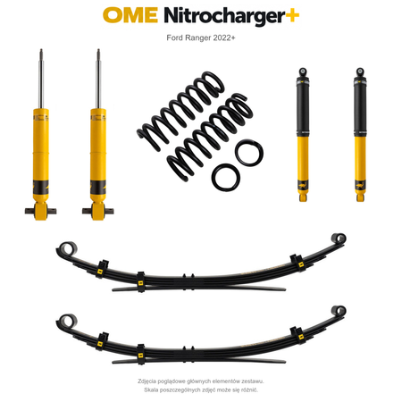Zestaw zawieszenia OME Nitrocharger+ – Ford Ranger 2022+, lift 20/40 mm, średnie obciążenie tyłu, resory wielopiórowe, alternatywne amortyzatory przednie
