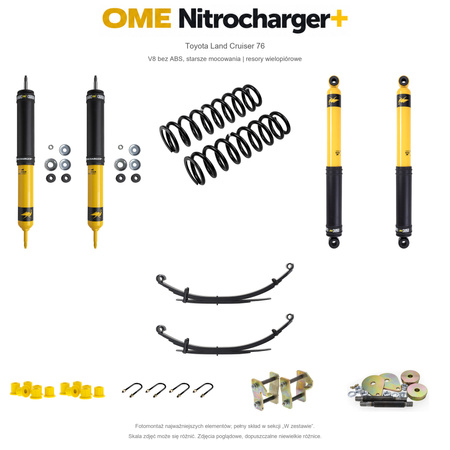 Zestaw zawieszenia OME Nitrocharger+ – Toyota LC76 4.5 V8 bez ABS 2007–2012, ok. 50 mm, obciążony przód, stałe 400 kg tyłu, resory klasyczne, smarowalne mocowania