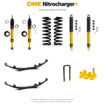 Zestaw zawieszenia OME Nitrocharger+ – Hilux Revo 2016–2025, 40/40 mm, duże dodatkowe obciążenie przodu, stałe 600 kg z tyłu, wielopiórowe – bez dystansu przewodów hamulcowych