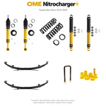Zestaw zawieszenia OME Nitrocharger+ – Hilux Revo 2016–2025, 40/40 mm, dodatkowe obciążenie przodu, stałe 300 kg z tyłu, wielopiórowe, mocniejsze tłumienie przodu – bez dystansu przewodów hamulcowych