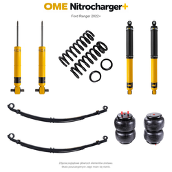Zestaw zawieszenia OME Nitrocharger+ – Ford Ranger 2022+, lift 40 mm, stałe 600 kg z tyłu, resory paraboliczne z poduszkami, alternatywne amortyzatory przednie