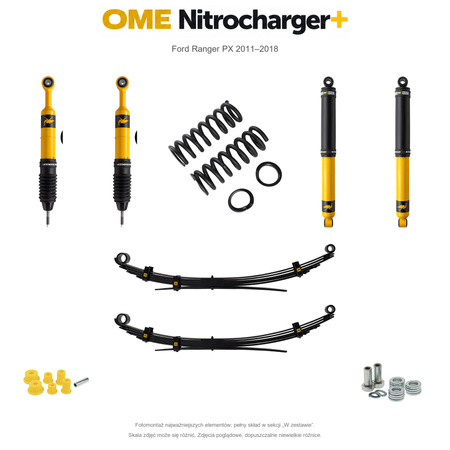 Zestaw zawieszenia OME Nitrocharger+ – Ford Ranger PX 2011–2018, 50/40 mm, stałe 300 kg z tyłu, mocniejsze tłumienie przodu, mocniejsze tłumienie tyłu