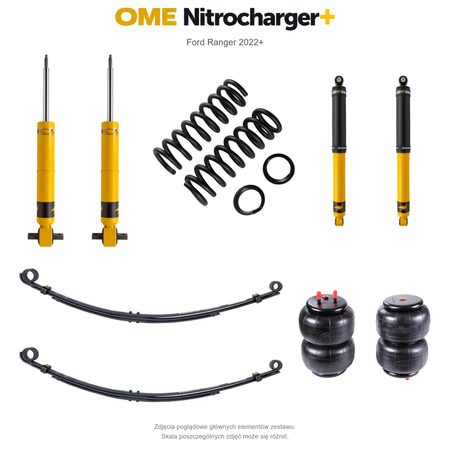 Zestaw zawieszenia OME Nitrocharger+ – Ford Ranger 2022+, lift 40 mm, stałe 300 kg z tyłu, resory paraboliczne z poduszkami, alternatywne amortyzatory przednie
