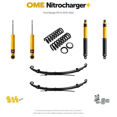 Zestaw zawieszenia OME Nitrocharger+ – Ford Ranger PX III 2019–2022, 30/40 mm, stałe 300 kg z tyłu, standardowe tłumienie przodu, standardowe tłumienie tyłu