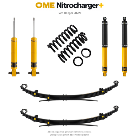 Zestaw zawieszenia OME Nitrocharger+ – Ford Ranger 2022+, lift 20/40 mm, stałe 300 kg z tyłu, resory wielopiórowe, mocniejsze tłumienie tyłu