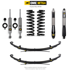 Zawieszenie OME MT64 Toyota Hilux Travo MY26 40/50 mm – stałe 300 kg z tyłu, zderzak, wyciągarka i dodatkowy osprzęt, wielopiórowe / mocniejsze tłumienie tyłu