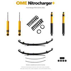Zestaw zawieszenia OME Nitrocharger+ – Ford Ranger PX III 2019–2022, przód 45 mm, tył z dodatkowymi piórami, stałe 300 kg z tyłu, standardowe tłumienie przodu, standardowe tłumienie tyłu