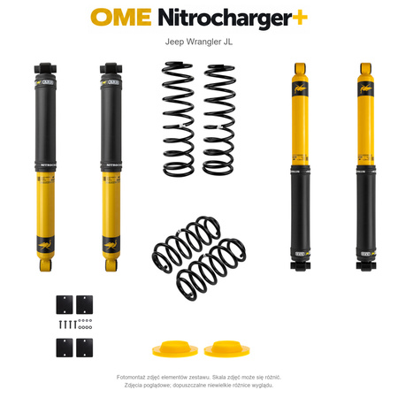 Zestaw zawieszenia OME Nitrocharger+ – Jeep Wrangler JL 4-drzwiowy 3.6 V6, 50 mm, pod sam zderzak, stałe 300 kg z tyłu, mocniejsze tłumienie przodu