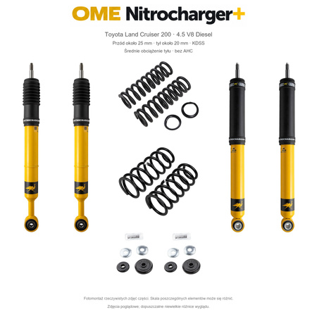 Zestaw OME Nitrocharger+ – Toyota Land Cruiser 200 2007–2021 4.5 Diesel, przód 25/tył 20 mm, KDSS, średnie obciążenie tyłu; przód standardowe